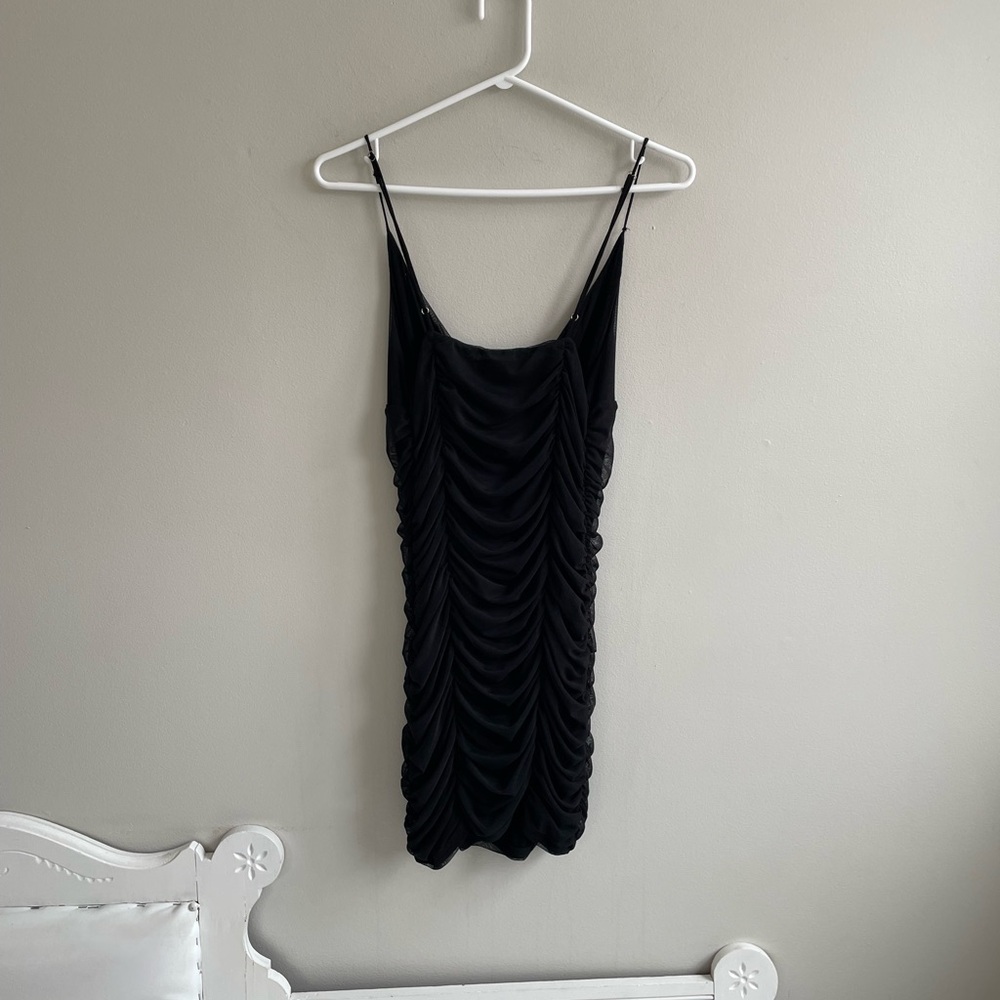 BLACK SHEER SPAGHETTI STRAP DRESS LINED RUCHED STRETCH URBAN OUTFITTERS - Picture 9 of 11